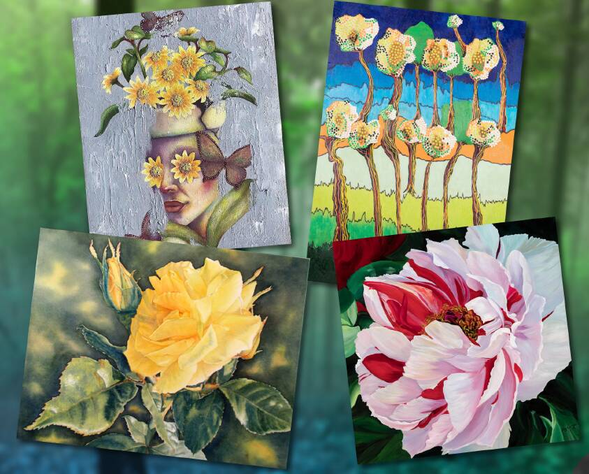 SPRING: Yellow Rose by Christine Earthrowl, Crimson Delight by Joy Connell, Pothead by Emma Crawley and It's All About the Trees by Eva Dowling are among those on display at the Redland museum from August 25.