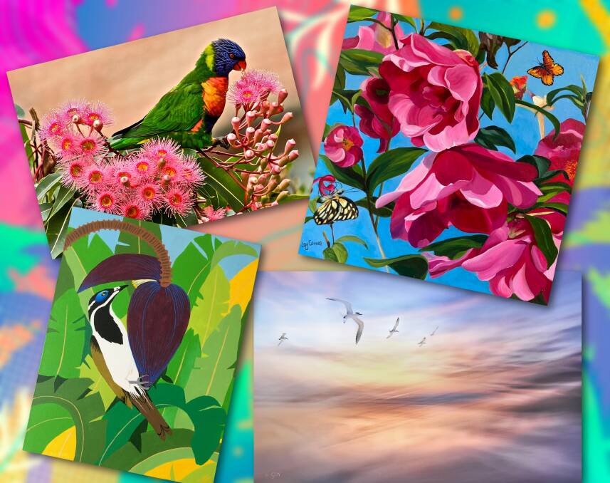 EXHIBITION:Works include Rainbow Lorikeet by Phil Robinson, Flight of the Butterfly by Joy Connell, Bluefaced Honeyeater by May Sheppard and Etheral Sunrise by Cheryl Nancarrow.