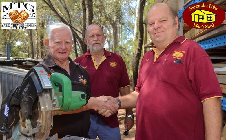 HELP: MATES Theatre Genesis' Ian Munday presents Alexandra Hills Men's Shed president Dave Smith and past-President Bernie Maguire with one of the two saws MTG have donated to the local men's organisation.