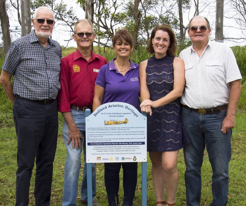 MARKER: Launching the aviation markers are Brian Russell of Cleveland Rotary, Redland Museum president Tony Spinks, Cr Wendy Boglary, Bonney Douglas of Bonney Douglas Design and Terence Hendricks of Redland Museum. Photo: David Wilson.

 