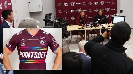 The Manly Sea Eagles had to face the music over the botched rollout of a jersey aimed at promoting pride and inclusivity. Pictures: Getty Images, PR handout