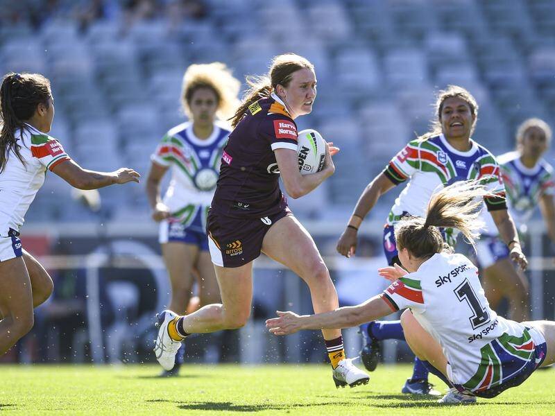 Brisbane's Tamika Upton goes on the charge in the Broncos' NRL win over the Warriors on Saturday.