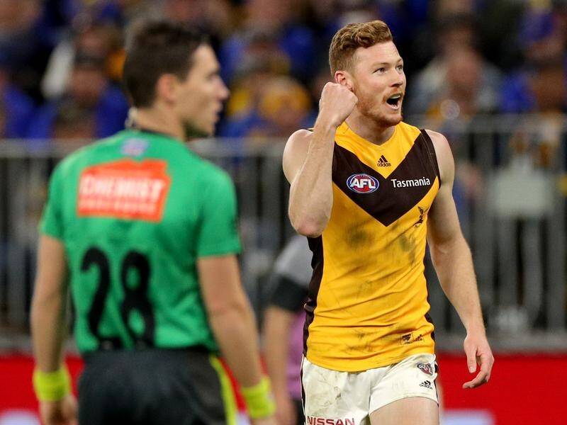 Four Tim O'Brien goals have led Hawthorn to a vital 38-point AFL defeat of West Coast.