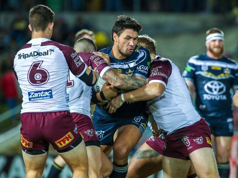 The Cowboys remain unhappy about a tackle made on Jordan McLean (centre) against Manly.