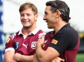 Storm captain Harry Grant (left) and Maroons coach Billy Slater at the State of Origin launch. (Con Chronis/AAP PHOTOS)