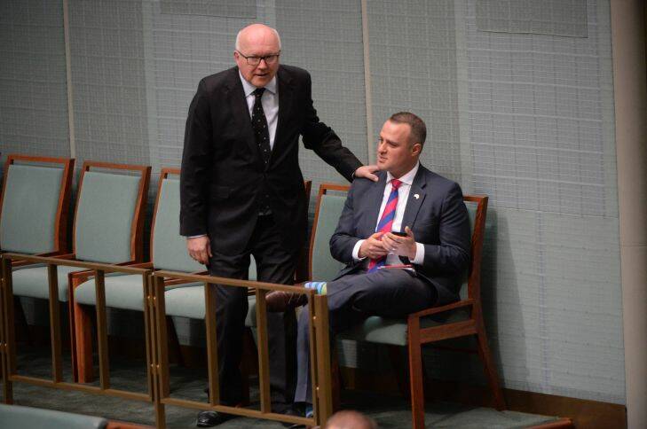 Senator George Brandis with Tim Wilson MP during a division. Photo: Nick Moir 