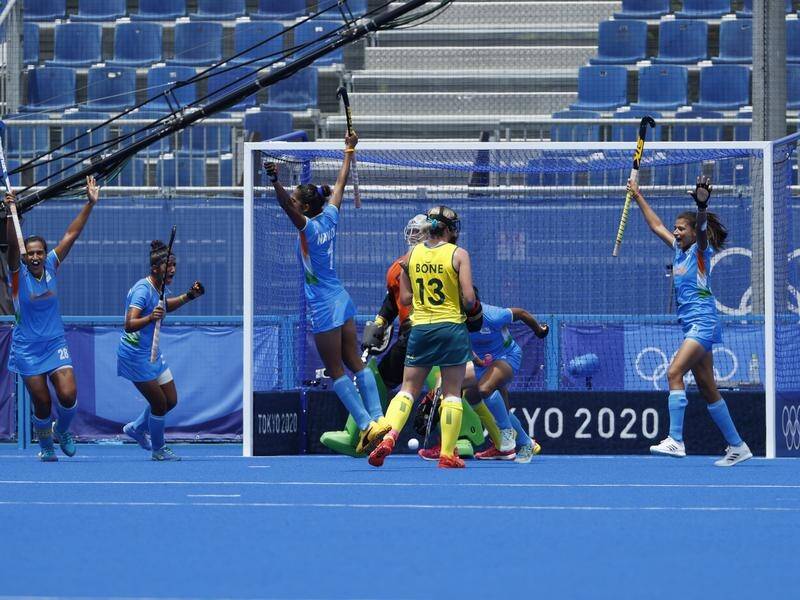 The Hockeyroos have bowed out of the Olympic tournament, beaten 1-0 by India in a quarter-final.