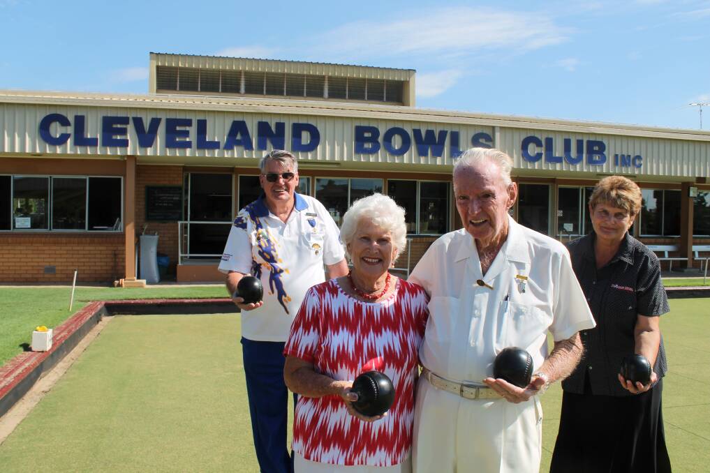 Bowling ... that's how Cleveland Bowls Club member Wally Ross rolls, even at 90. In honour of his commitment to the club and the sport, the new nonagenarian, second from right, was awarded with a Patriarch Medallion last Friday by bowls club president Paul Boevionk, left. Wally is also pictured with his wife Mary, second from left, and bowls club chair of the board Kay Pearson. Photo by Lyn Uhlmann