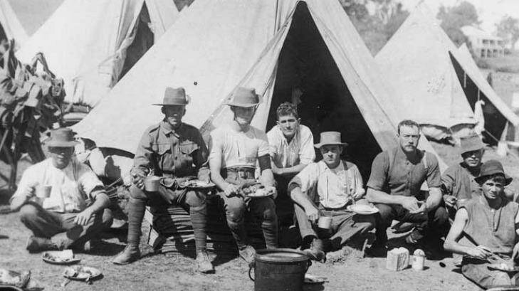 Sharing a meal at Fraser's Paddock, Enoggera Army Camp Brisbane ca. 1914 Photo: State Library of Queensland
