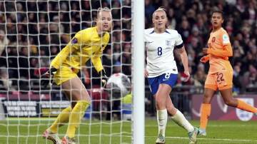 Georgia Stanway scores England's equalising goal against the Netherlands in the Nations League. (AP PHOTO)