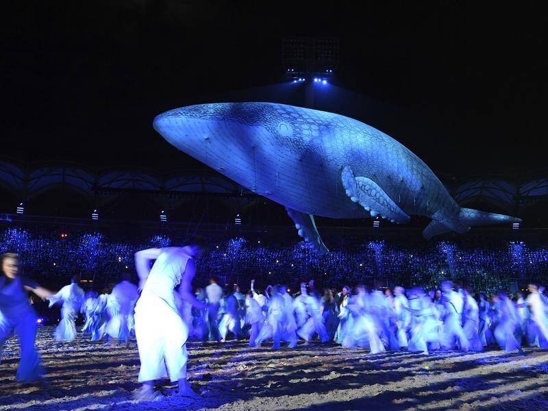 Inflatable humpback whale Migaloo was the star of the Gold Coast Commonwealth Games opening ceremony