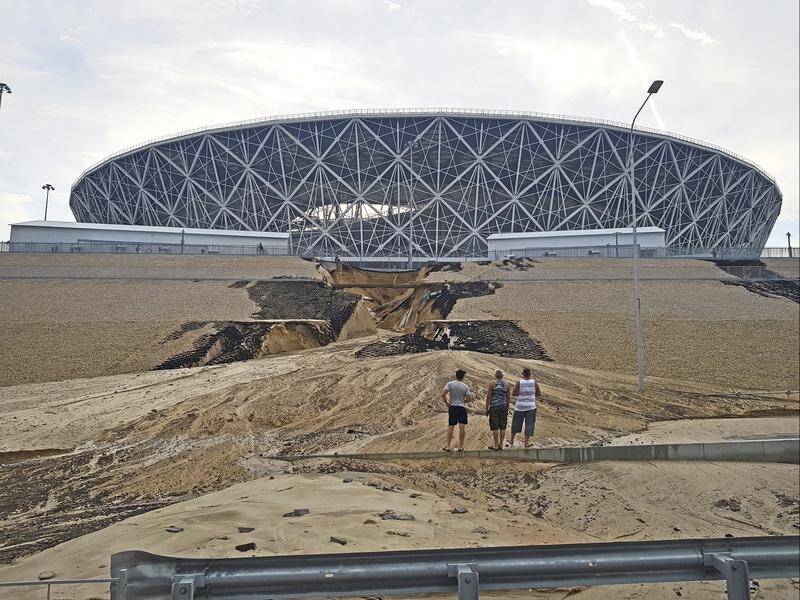 A major landslide has damaged an embankment near the Volgograd Arena in Russia.