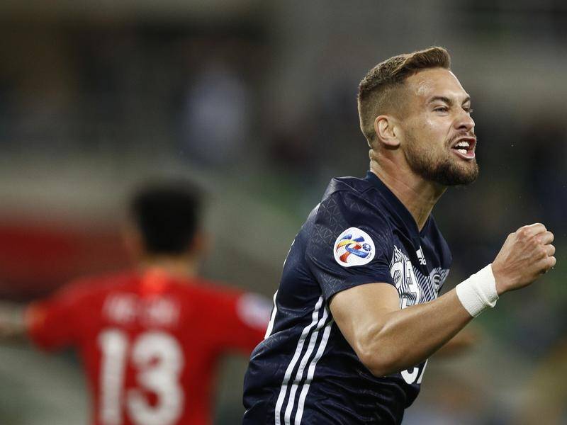 Jai Ingham of the Victory celebrates his goal during the AFC Champions League match with Guangzhou.