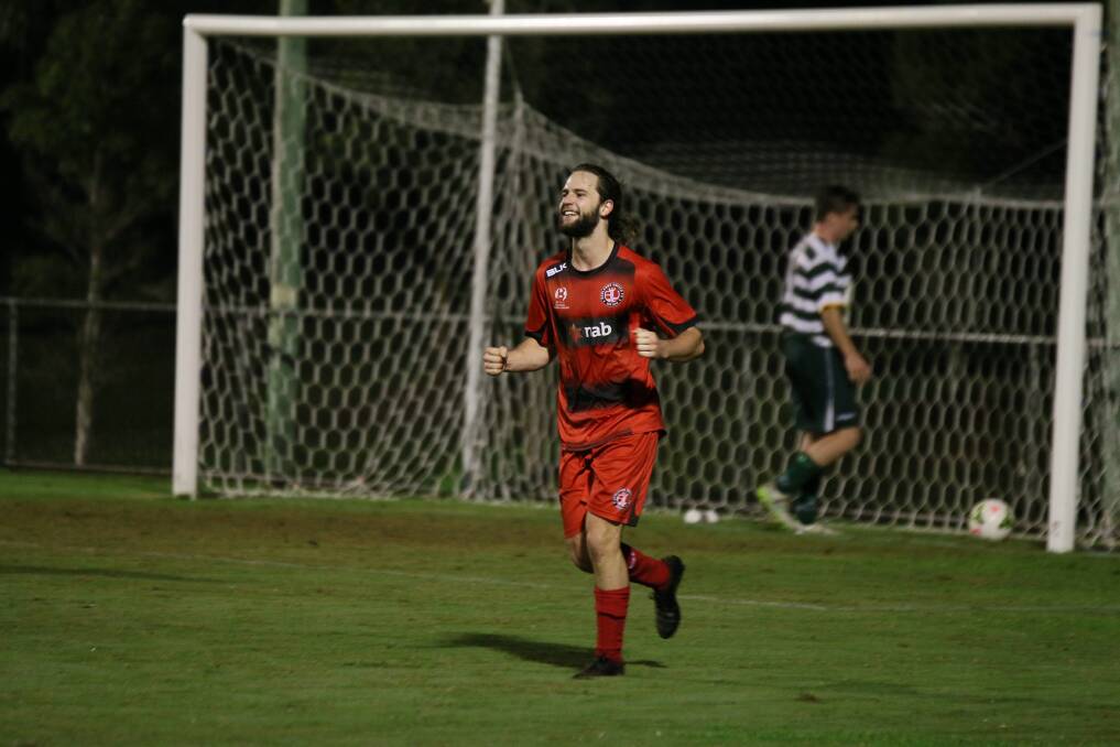 Elliott Ronto celebrates his secondnd goal for Redlands United in their 6-1 victory over Western Pride in Friday night's PlayStation 4 National Premier League Queensland game at the Cleveland Showgrounds.