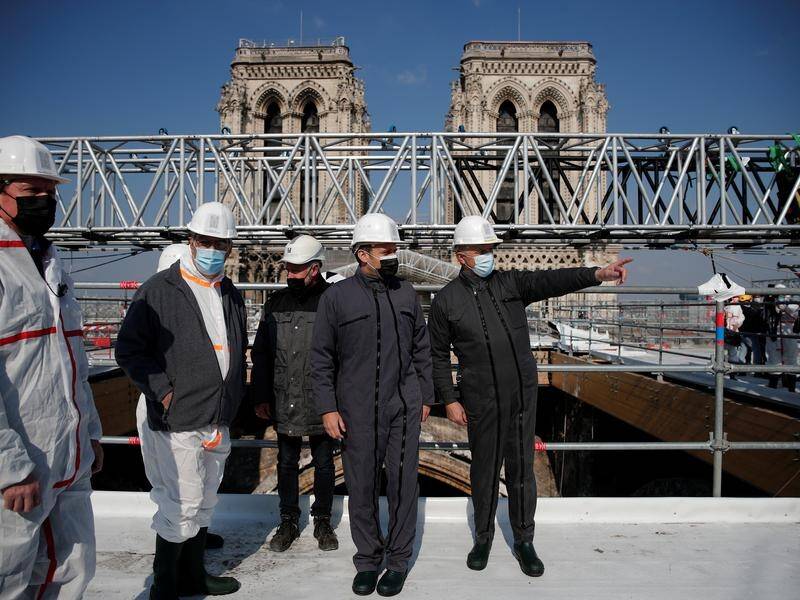French President Emmanuel Macron has inspected work to restore Notre-Dame cathedral in Paris.