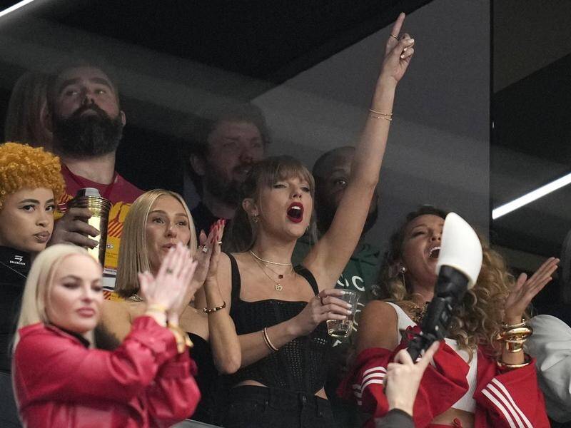 Pop superstar Taylor Swift reacts during the first half of the NFL Super Bowl (AP PHOTO)