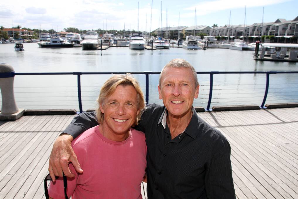 American actor Christopher Atkins (left) who starred with Brooke Shields in the 1980s classic The Blue Lagoon with Australian actor Tony Bonner at Raby Bay Harbour on Friday. 
 Photo by Chris McCormack