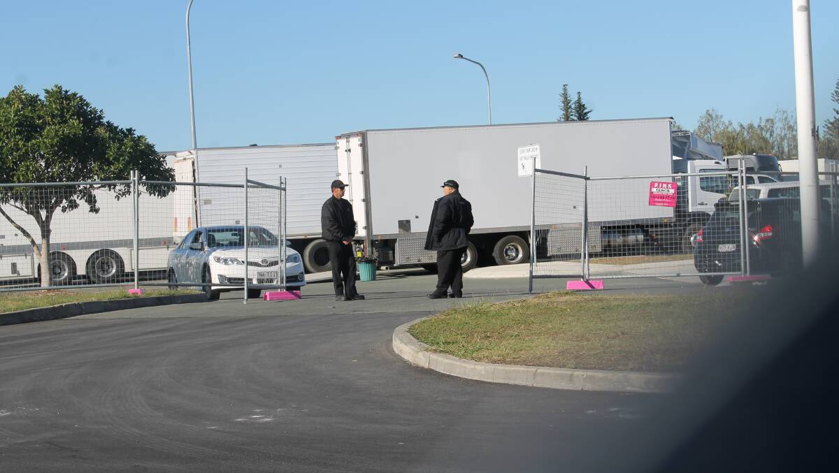Security guards at the entrance of the film compound at Raby Bay VMR, where mega star Johnny Depp was on Tuesday morning before boarding a boat for filming which is expected off Peel Island. 