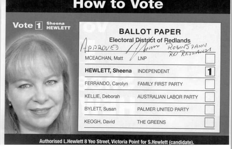 Independent candidate Sheena Hewlett's How to Vote card signed by the Returning officer Robin Spann. 