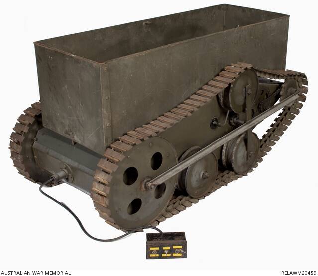 Corporal Harold Jeffery's robot tank prototype, nicknamed 'Jeffrey' (sic) after its inventor, is still in the Australian War Memorial. Photo courtesy Australian War Memorial - No. RELAWM20459
