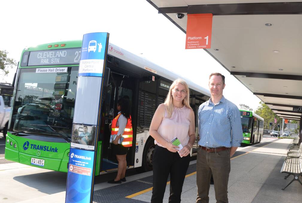 New and improved: Redlands MP Kim Richards and TransLink's Ben Blythe at Victoria Point's new bus station.