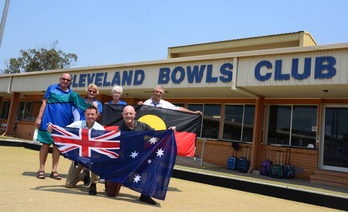 Back, Cleveland Bowls Club president Des Hedger, chairperson Kay Pearson, ladies president Pam De Gooyer and bowler Norm Clarke. Front, MP Andrew Laming and councillor Peter Mitchell. Photo: Matt McLennan