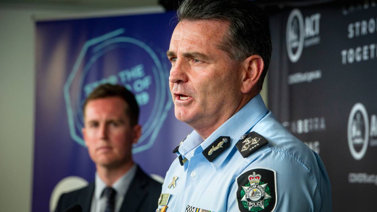 Deputy Chief Police Officer Michael Chew speaking about ACT Policing's role in checking travellers returning from Sydney and the surrounding region. Picture: Elesa Kurtz