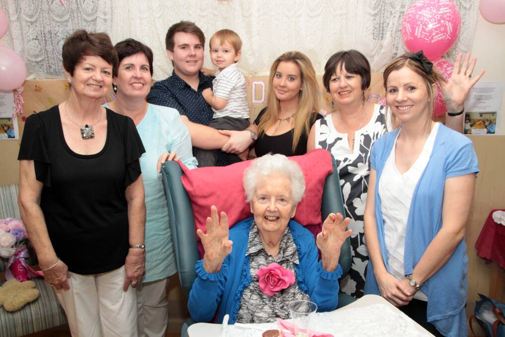 Molly Kennedy is given a 101st birthday party at Sylvan Woods aged care. Five generations left to right - Patricia Bignell of Cleveland, Jacinta Bennett of Wellington Point, Zach,18, William, 2 and Tara Bennett, 20, Maureen Swinburne of South Melbourne, Diana Swinburne of South Melbourne with Molly Kennedy at the front.Photo by Chris McCormack
