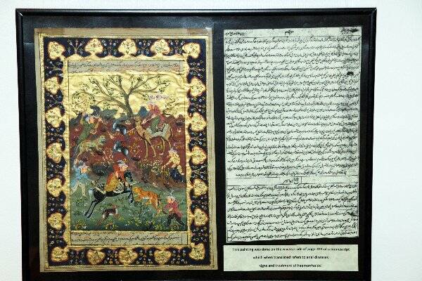 This painting was done on the reverse side of a page from a Persian manuscript. It is on display at Redland Museum.