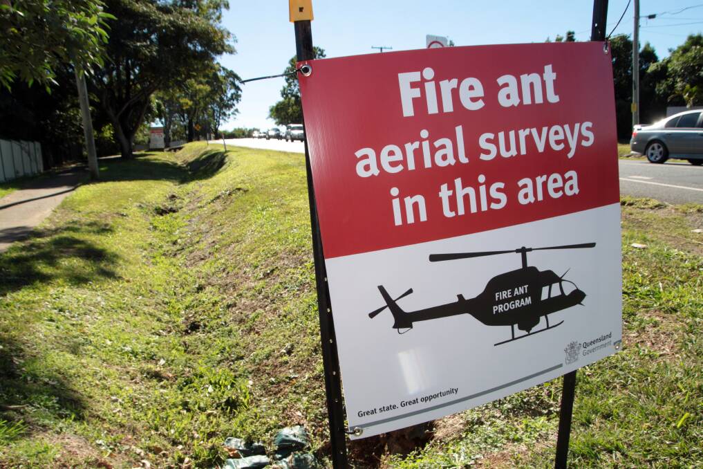 Fire ants sign on Redland Bay - Cleveland Road at Thornlands, alerting residents of aerial surveys.Photo by Chris McCormack