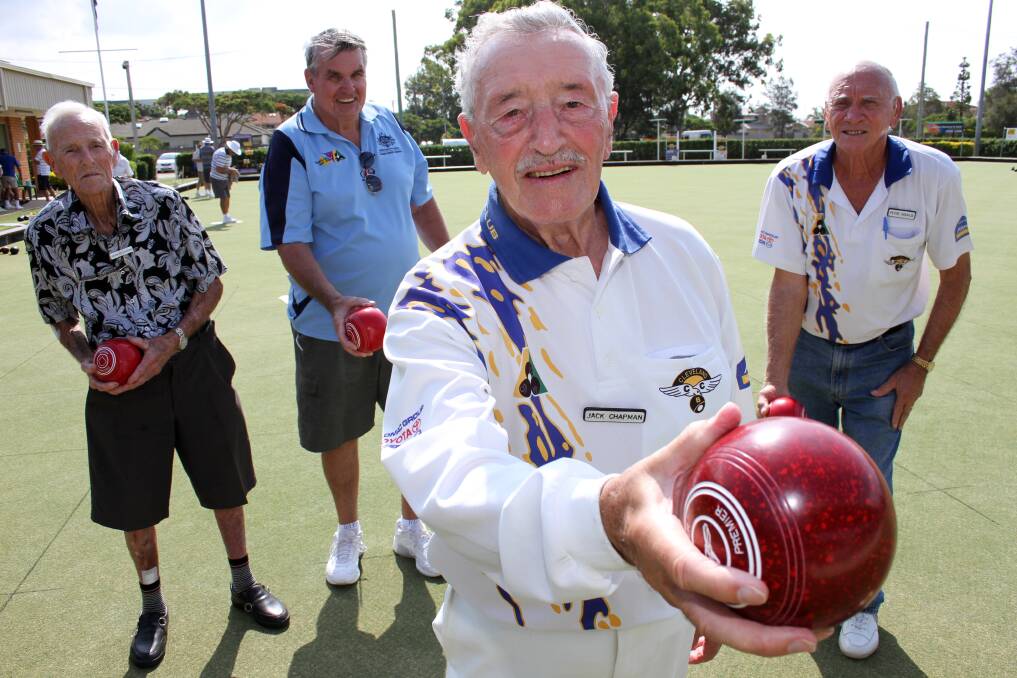 Cleveland Bowls Club patriarch s medallion recipient Jack Chapman (front) with fellow nonagenarian Kevin Petersen, 94, club senior vice-president Paul Boevink and Peter Soulvis. 
Photo by Chris McCormack