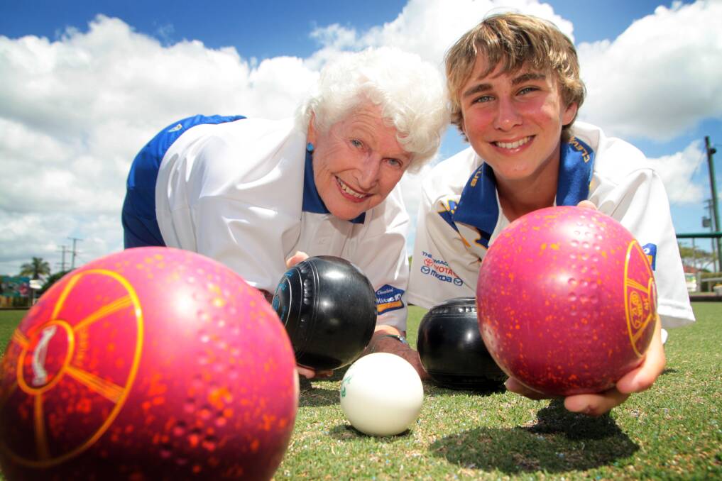 Mary Ross, 84 and Jacob Nelson, 14 both of Cleveland Bowls Club, won the mixed pairs bowling competition.Photo by Chris McCormack