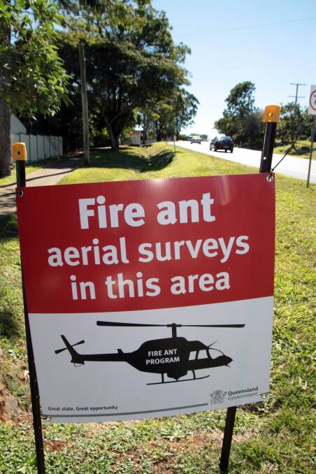 INVASION: Fire ants sign on Redland Bay - Cleveland Road at Thornlands, alerting residents of aerial surveys. 
 Photo: Chris McCormack