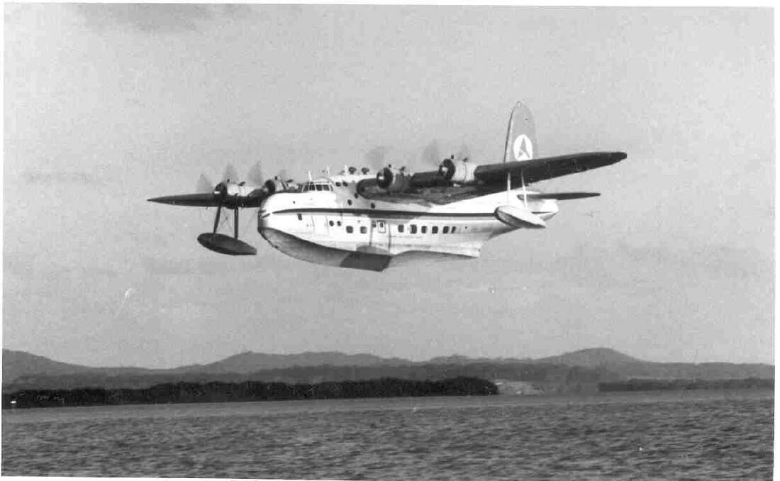 The last flying boat to use Redland Bay. Ansett FBS Short Sandringham VH-BRF Islander makes its last fly-past on its departure for Sydney at 5.15pm on October 25, 1971.