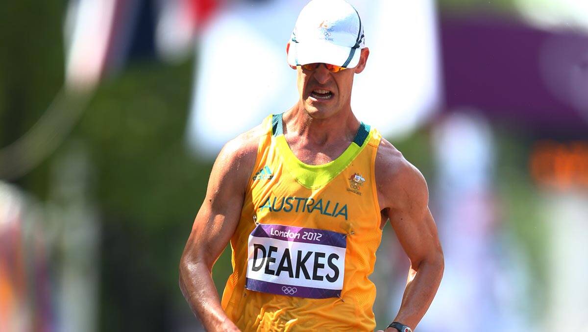 : Nathan Deakes of Australia competes during the Men's 50km Walk on Day 15 of the London 2012 Olympic Games at The Mall on August 11, 2012 in London, England. (Photo by Michael Steele/Getty Images)