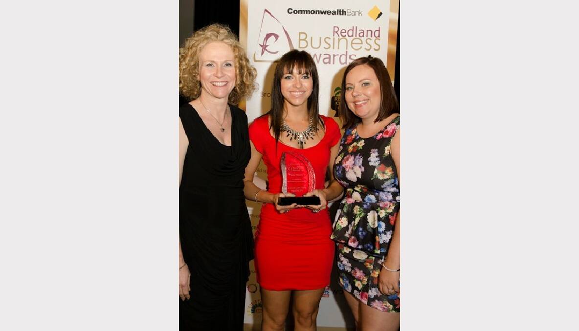 Redland City Chamber of Commerce committee member Anita Beasley with Jess Taylor and Giselle Taylor of Aussie Concrete Products, winners of the Excellence in Excellence in Manufacturing & Industrial in the 2012 Commonwealth Bank Redland Business Awards.