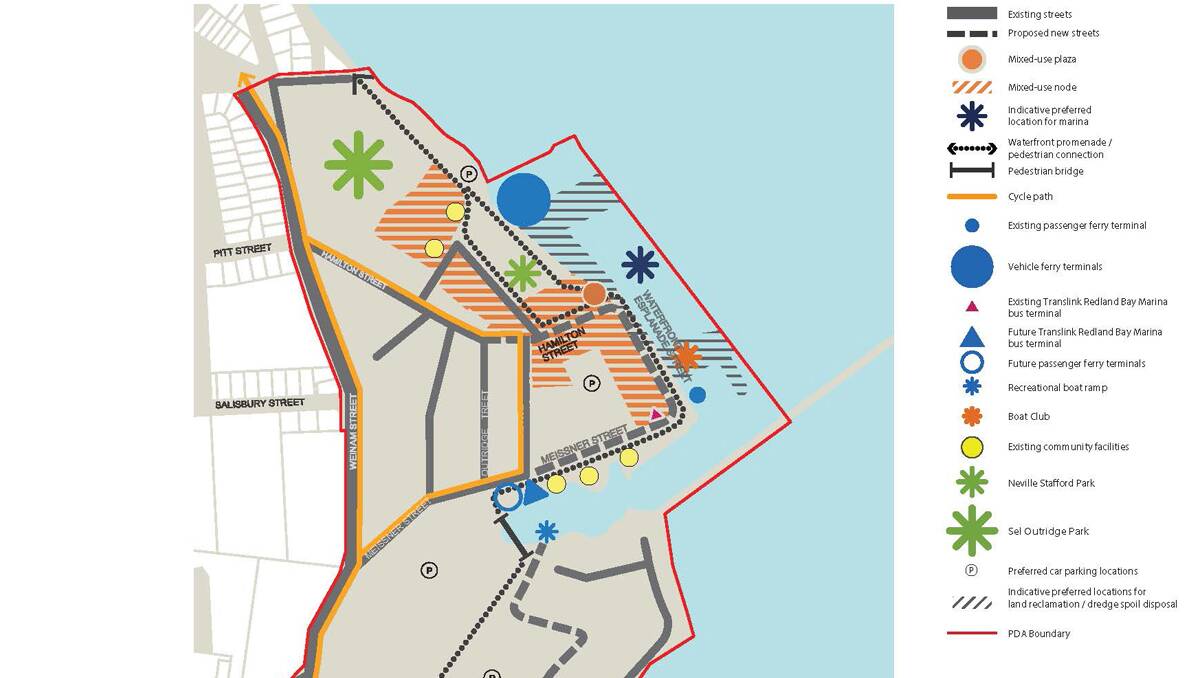 Proposals for the Weinam Creek area of Redland Bay under the PDA include a waterfront esplanade and increase in residential development including three, five, and seven storey buildings. 