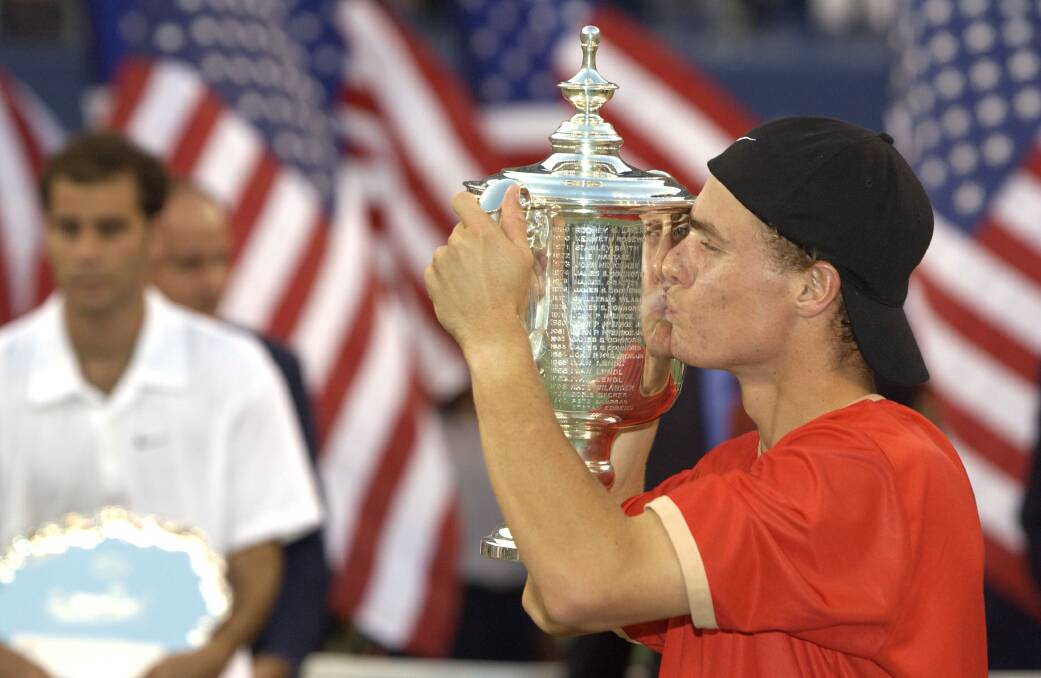 2001: Lleyton Hewitt at the trophy presentation after defeating Pete Sampras in the men's final match of the US Open. Photo: Ezra Shaw/Allsport